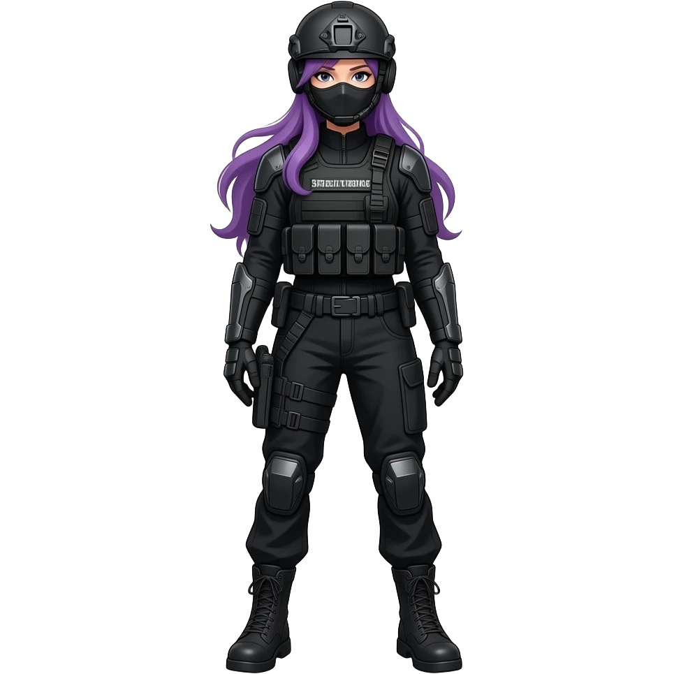 sexy girl with long purple hair wears a SPECIAL TACTICS FORCE OUTFIT BLACK FATIGUE AND COMBAT BOOTS PLATE with a helmet and a mask emoji
