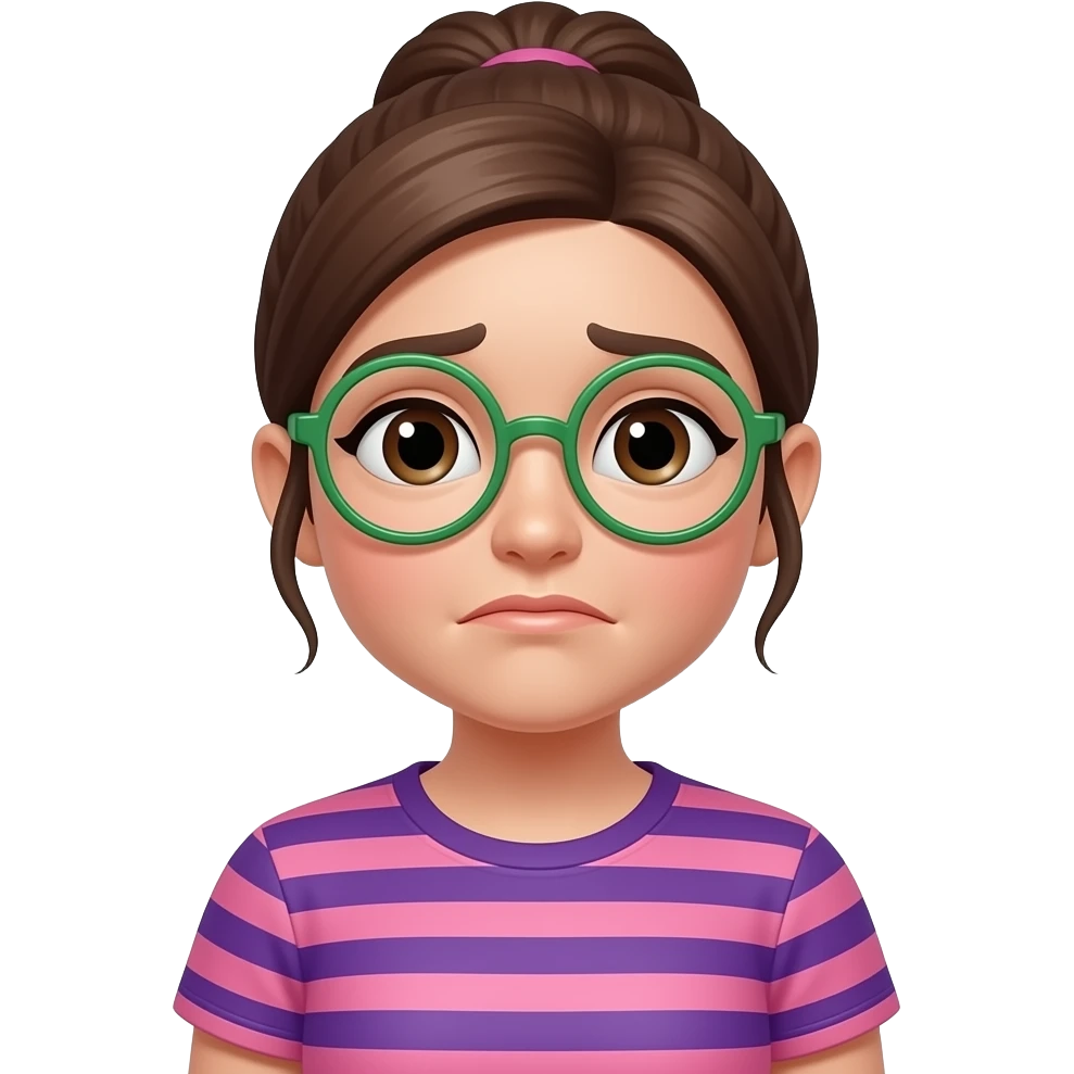 White girl with straight tied up medium brunette hair wearing green-rim circular glasses smiling wearing a pink and purple horizontal t-shirt sad emoji