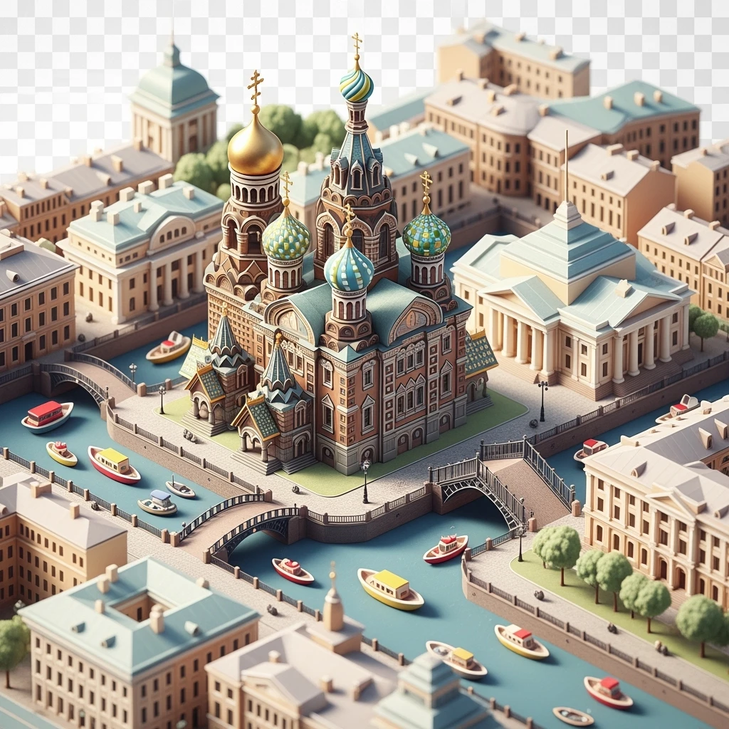 Isometric illustration of Saint Petersburg with the Church of the Savior on Spilled Blood and canals, toy boats and bridges, in pastel miniature diorama style, transparent background emoji