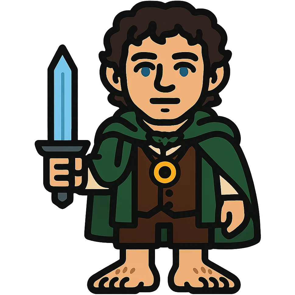 Whole body image of Frodo Baggins from the lord of the rings movie in pixel art style. Make Frodo look like the actor that portrayed him in the movie, Elijah Wood, blue eyes and dark curly hair. Frodo is wearing the same green elven cloak with the leaf buckle, brown vest, cream undershirt, dark brown leather short pants, and hairy hobbit feet. He is wearing a golden yellow ring on a necklace. he's also holding the same blue sword that bilbo is holding in the reference image. emoji