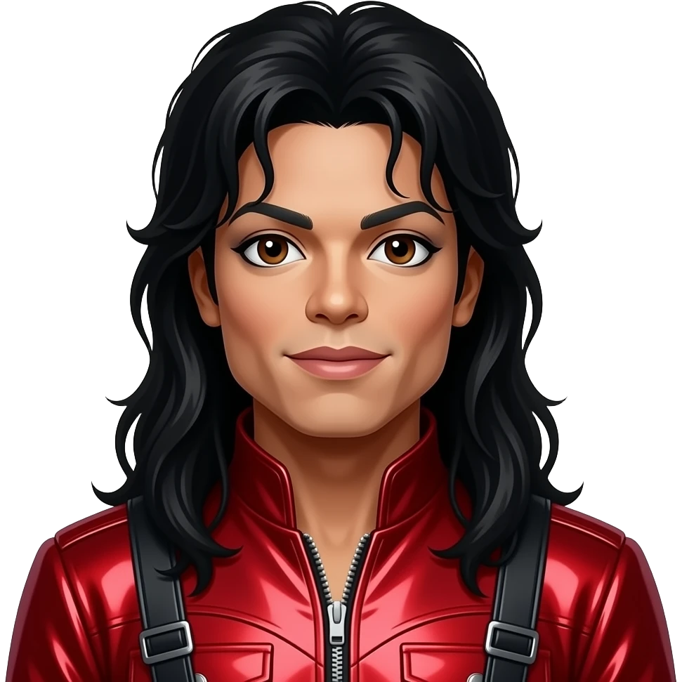 Michael Jackson with dark brown eyes, long black hair, red metallic pop outfit emoji