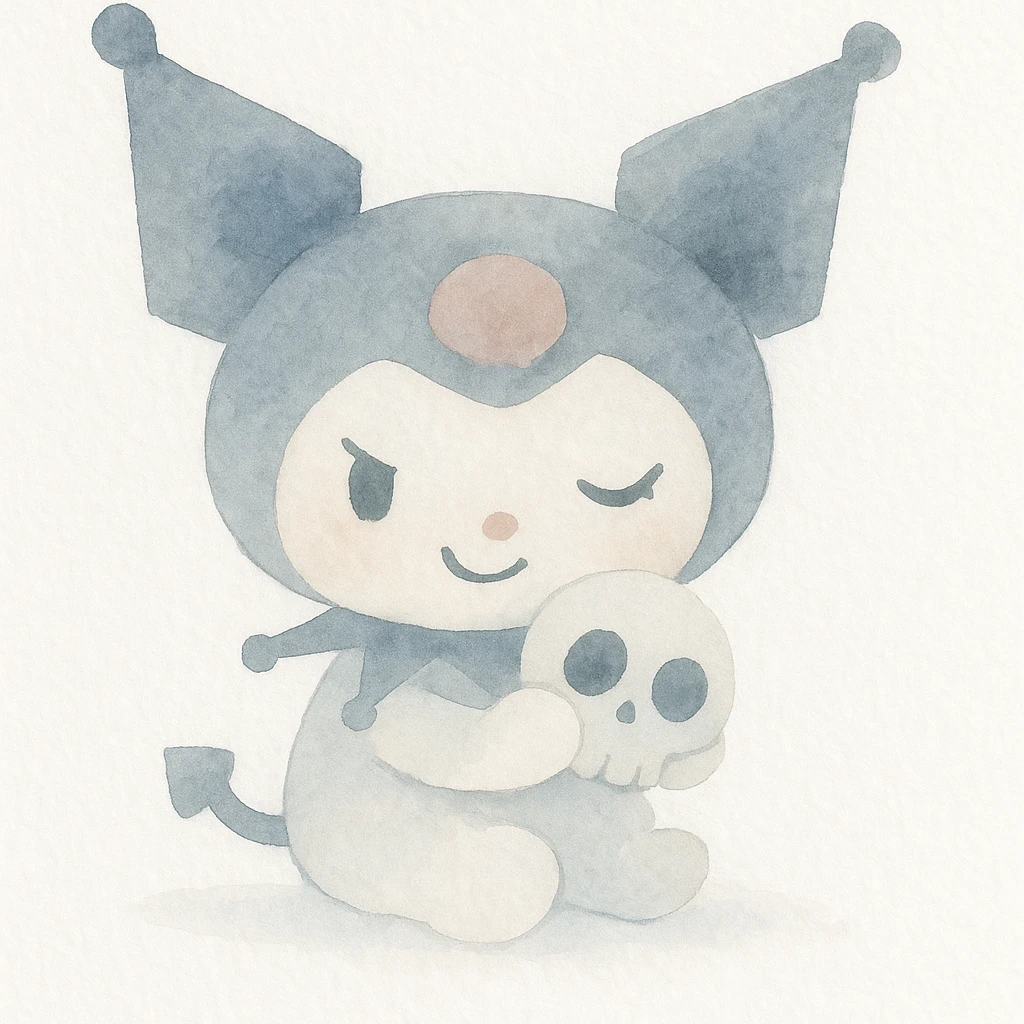 Kuromi character, watercolor art style, mischievous expression, holding a skull, light background emoji