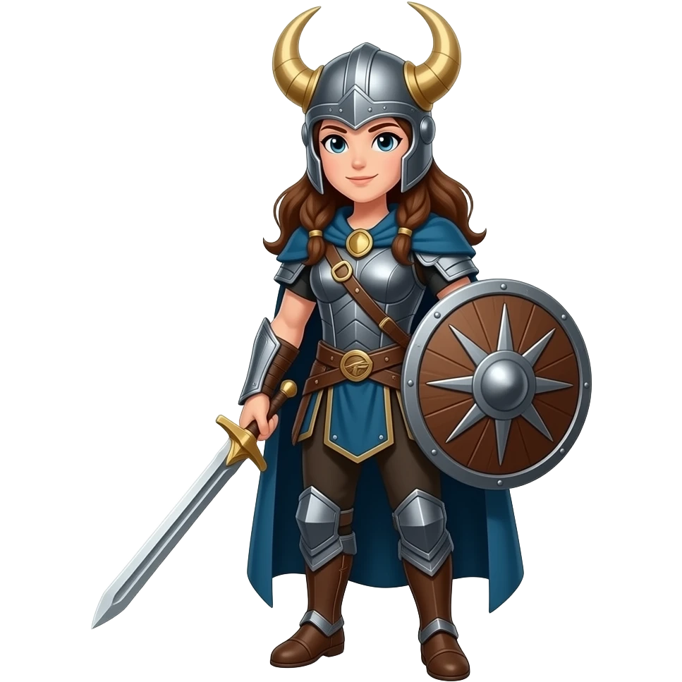 valkiria - Casco, espada, escudo pelo largo  café, cuerpo completo emoji