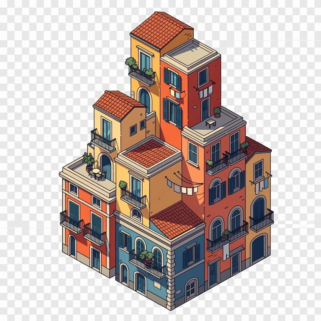 Isometric illustration of Naples, featuring colorful stacked coastal houses, highly detailed in semi-realistic style with sharp outlines, balanced between stylized and realistic, 3D miniature effect, transparent background. emoji