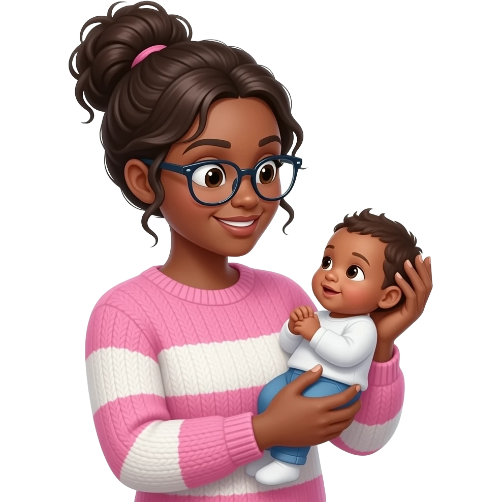 Make a girl with a messy bun that is a dark tan woman with a pink and white sweater with glasses looking with a baby in her hands emoji