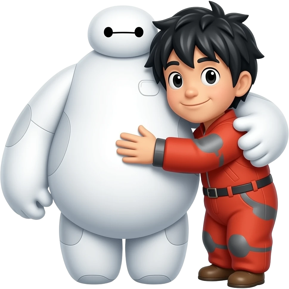 Baymax hugging Hiro Hamada of Big Hero 6, make Hiro smaller height than Baymax. Hugging side by side emoji