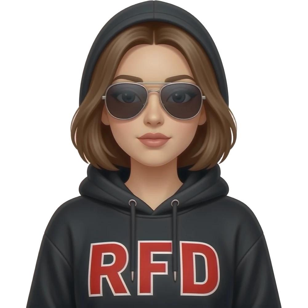 Woman in Black hoodie that says “RFD” in red large font, wearing aviator sunglasses, hood up, pouting emoji