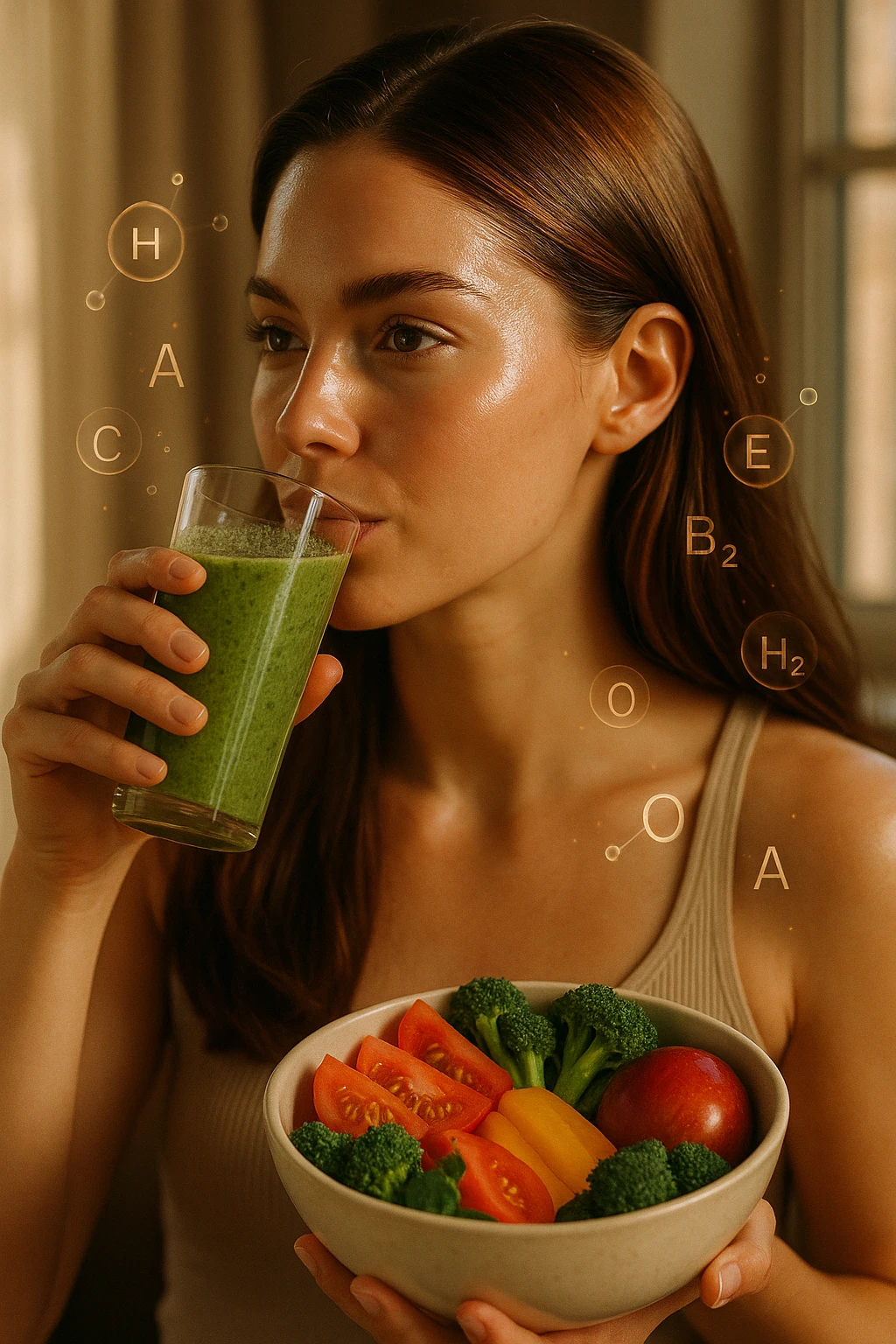 A highly realistic, cinematic portrait of a young woman in her late 20s with glowing, clear, healthy skin and a vibrant scalp with strong, shiny hair, symbolizing internal health reflecting outward. She has a calm, confident expression while sitting by a window with warm daylight softly illuminating her face, highlighting smooth, hydrated skin with a natural glow. Her hair appears clean, full, and strong, indicating a healthy scalp and balanced sebum production. She is drinking a glass of green smoothie rich in antioxidants and holding a bowl of colorful fruits and vegetables, symbolizing how internal nutrition supports skin and scalp health. Subtle, softly glowing overlays of molecular symbols for vitamins, minerals, and hydration molecules gently swirl around her, visually representing the concept of beauty and skin health from the inside out. Style: 35mm hyperrealistic film look, warm tones, soft depth of field, focusing on clear skin texture, healthy scalp, and vibrant hair to inspire holistic wellness emoji