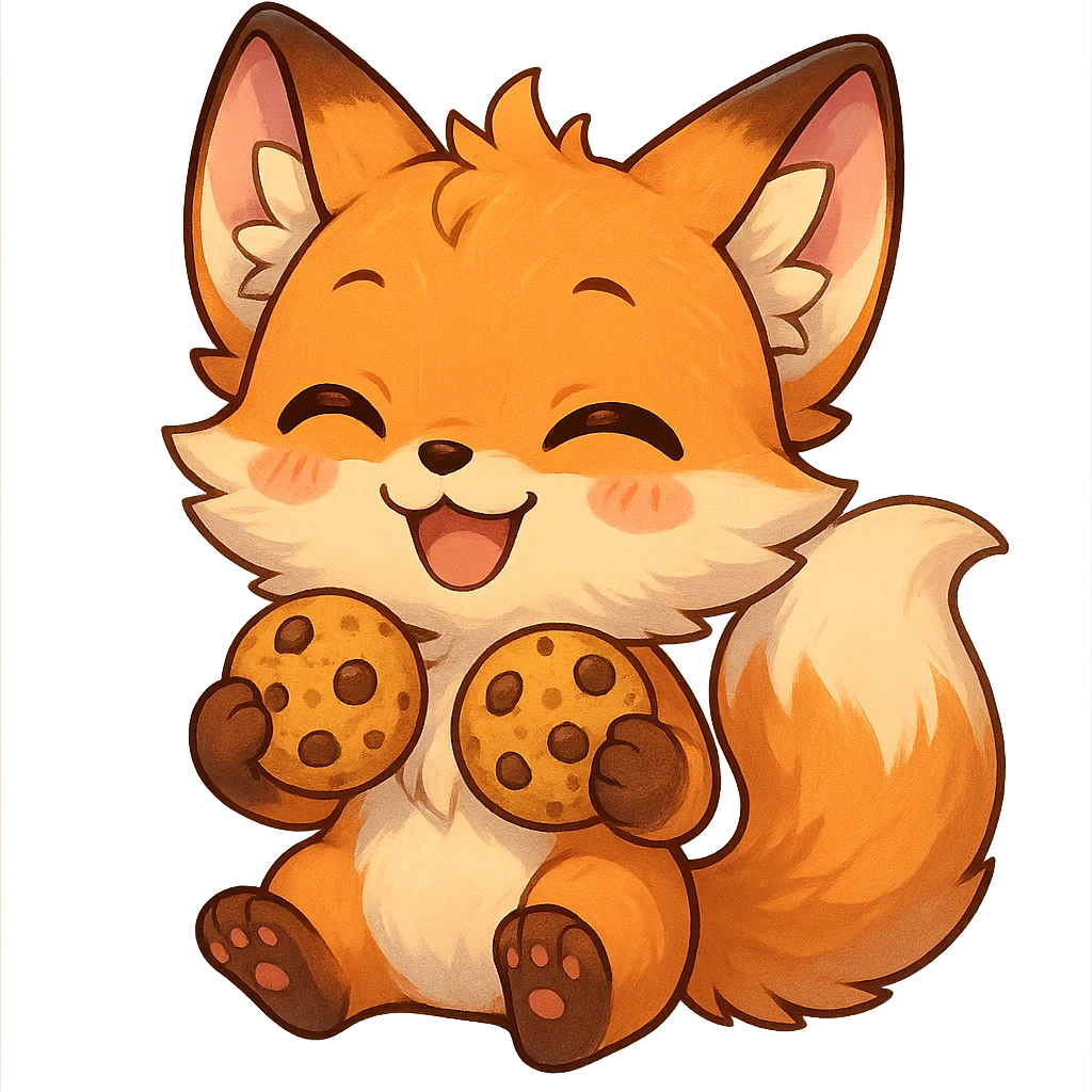chibi anime style fox character, happy, holding cookies, cute, colorful, detailed emoji