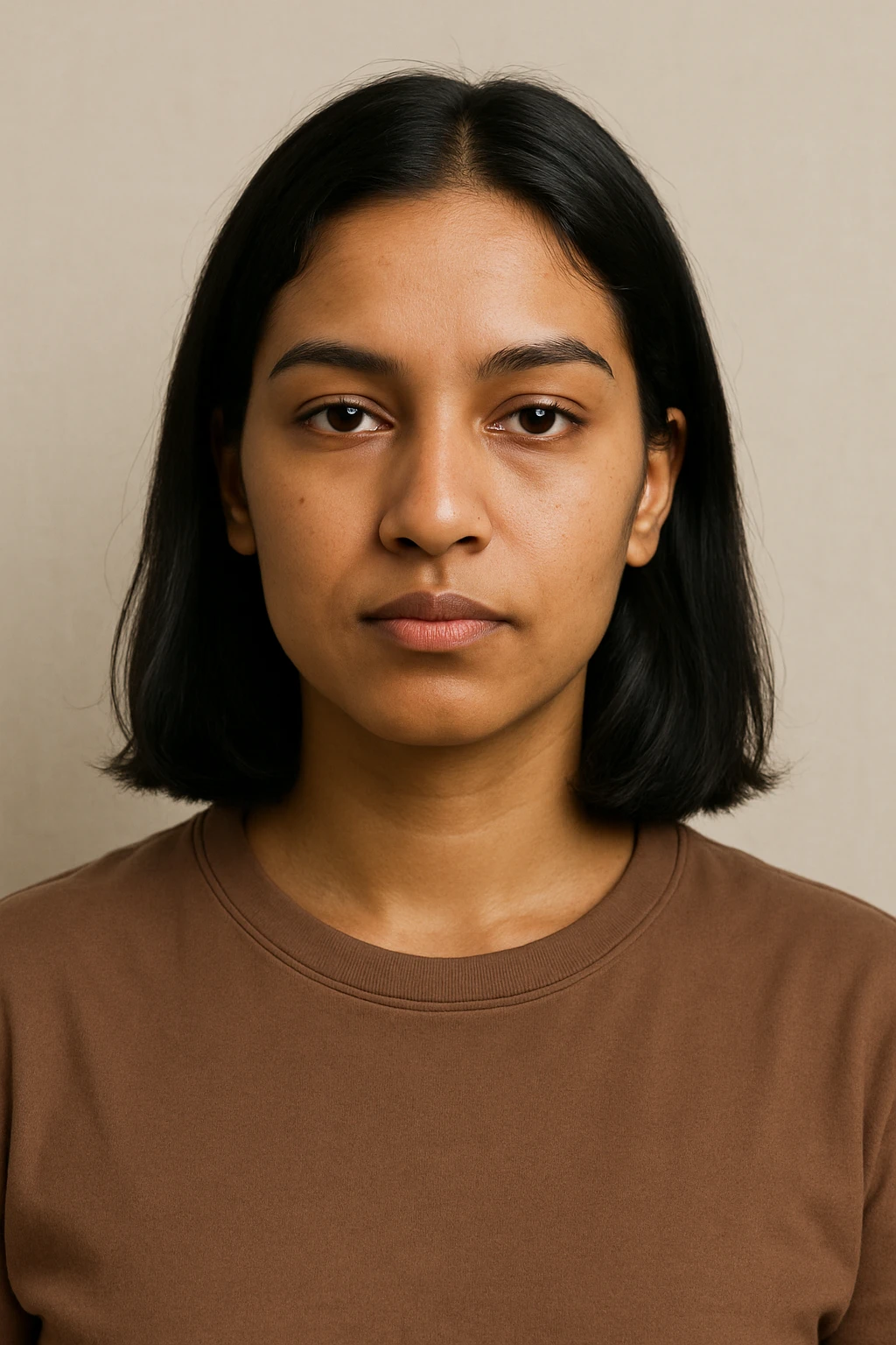portrait of a light brown skinned female with shoulder length black hair, neutral expression, simple background emoji