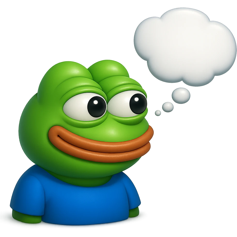 make a pepe in bright green smiling with thought bubble looking at right side in 3d style, good highlights and shadows, drop shadows  emoji