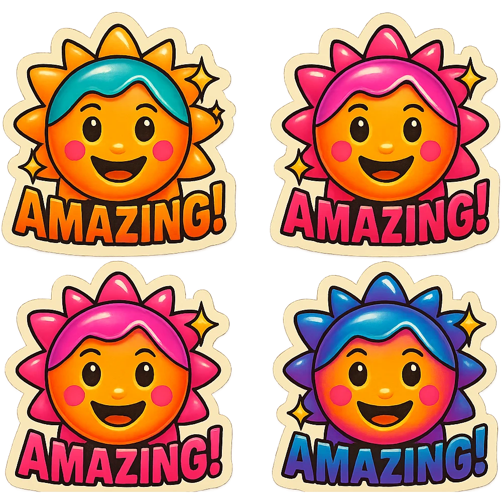 Create a sequence of four 'amazing!' emojis with changing vibrant colors and sparkling effects, each frame representing a different stage of a flashing, sparkling animation. The emojis should have no background and be in the retro stickers style. emoji