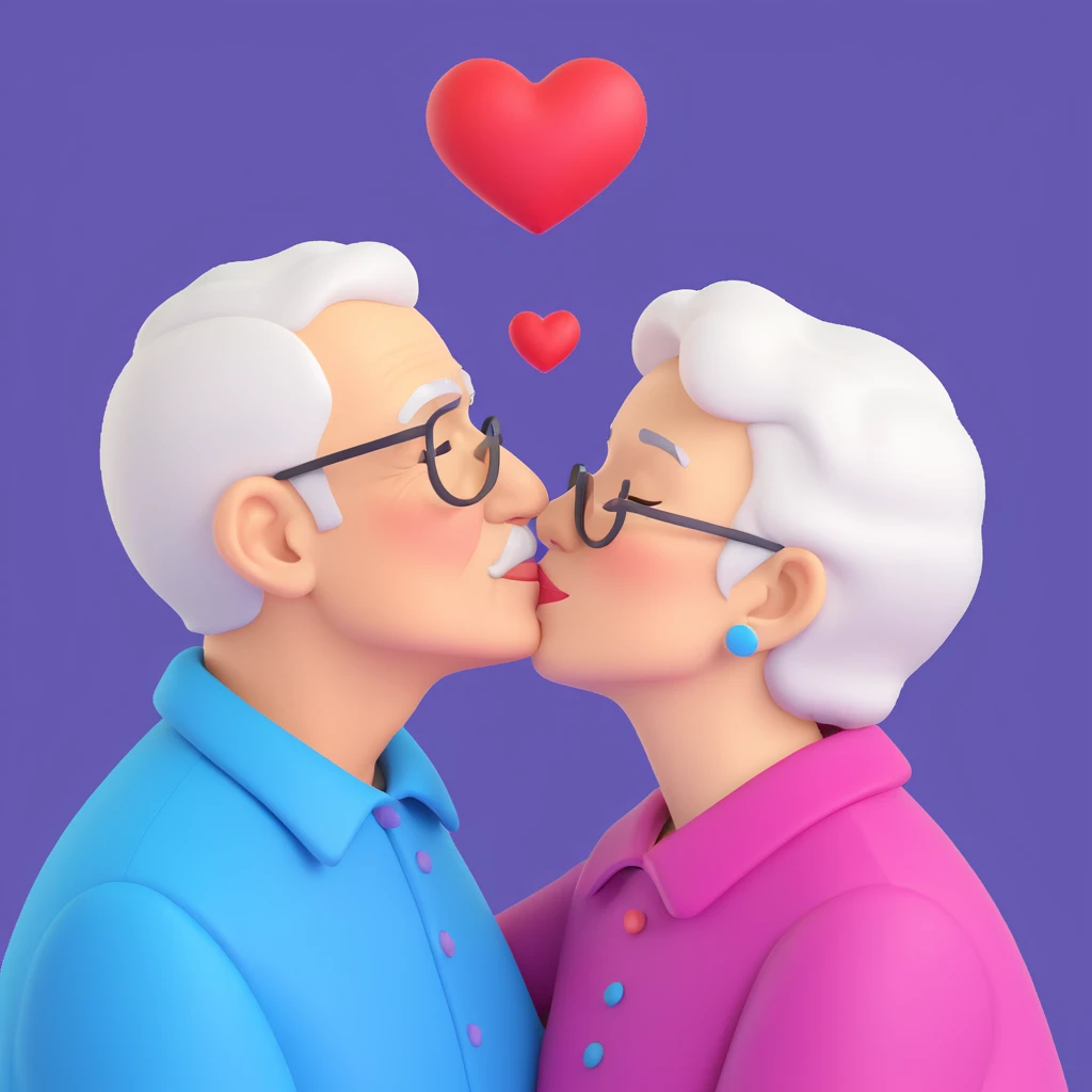 elderly couple sharing a playful kiss, realistic 3D style, vibrant colors, loving atmosphere emoji