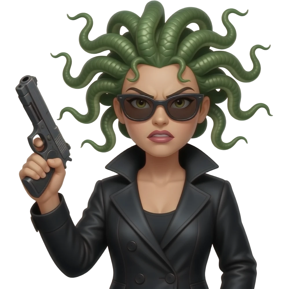 Angry beautiful female Medusa in black coat with sunglasses holding gun emoji
