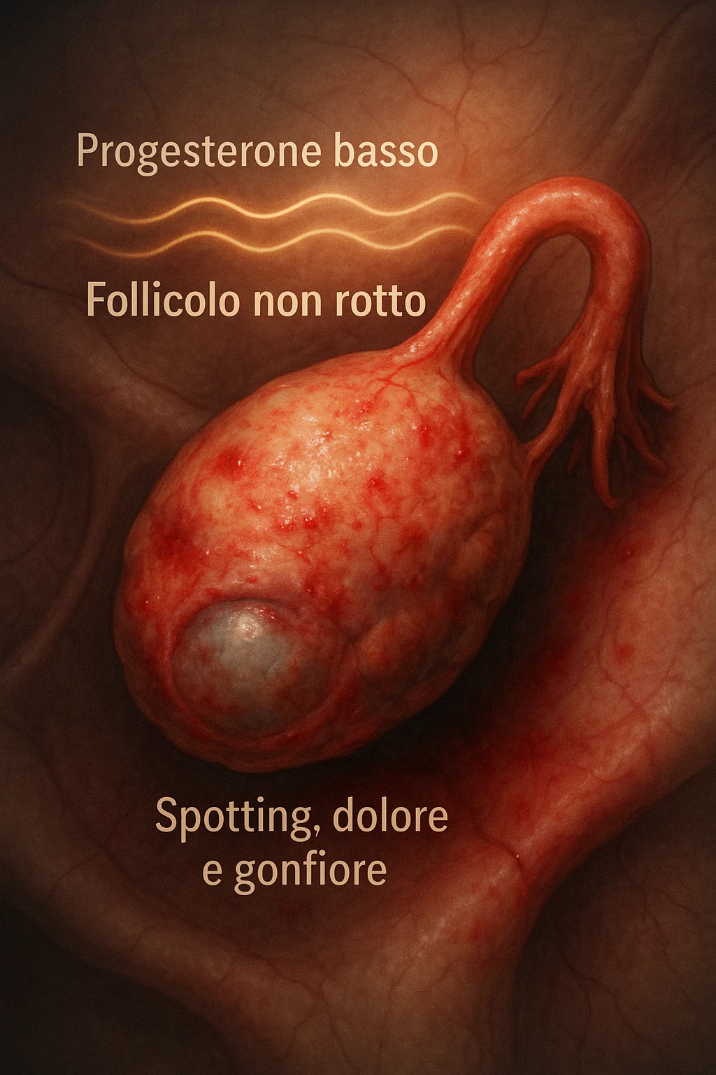 realistic and cinematic illustration of an ovary with an unruptured follicle, low progesterone, hormonal fluctuations, symptoms of spotting, pain and swelling, clinical details, captions in Italian emoji