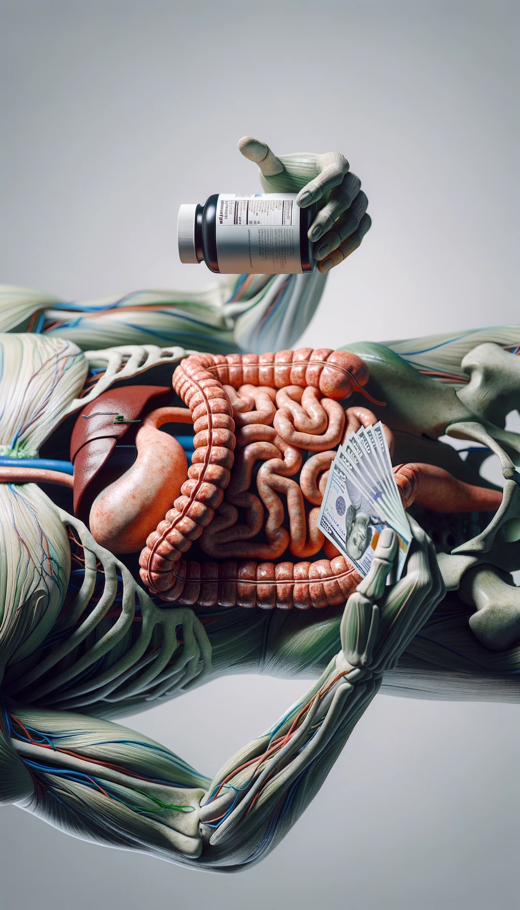 corpo umano anatomico con intestino umano anatomico realistico in evidenza che tiene nella mano destra una boccetta di integratore e nella mano sinistra delle banconote, sfondo neutro chiaro, iperrealistico 4k emoji