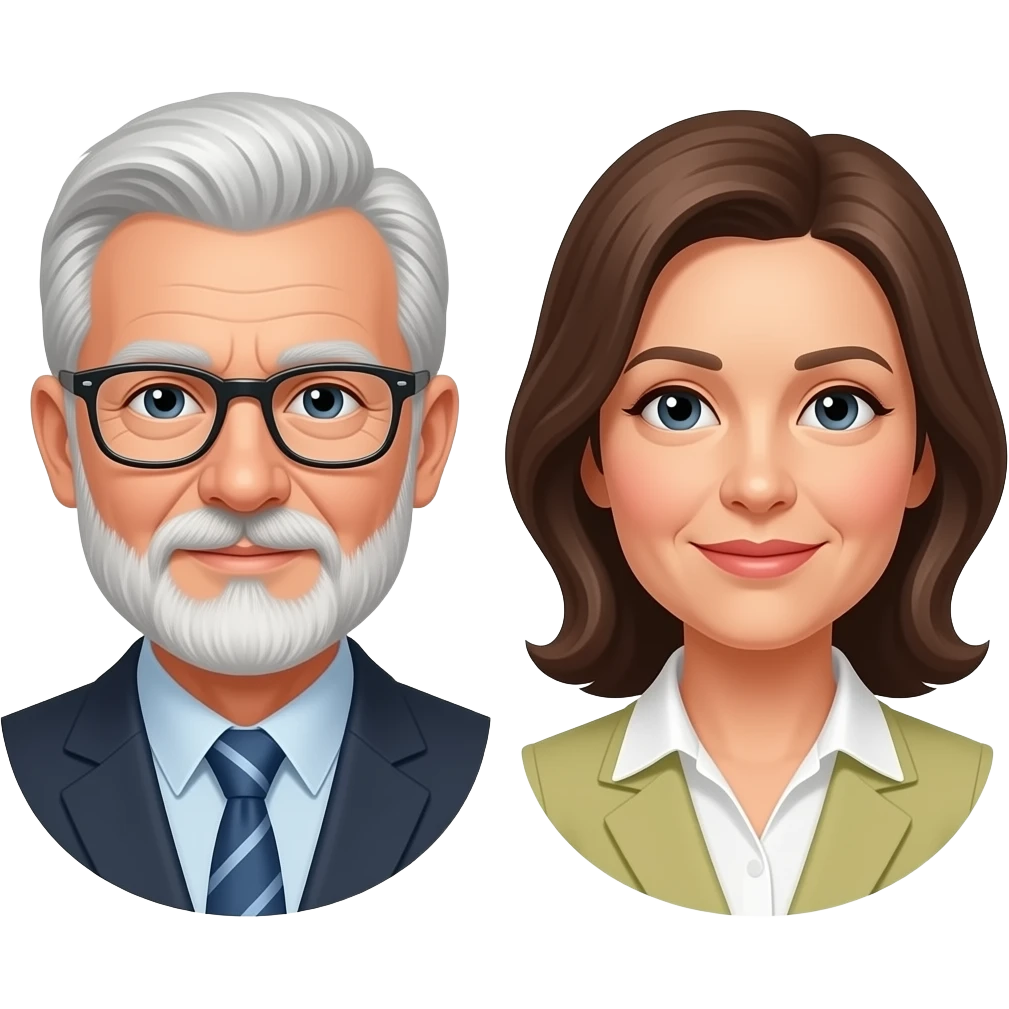 Emoji of a senior man  with a beard mustash  wearing glasses with a mature lady  with dark blonde hair emoji