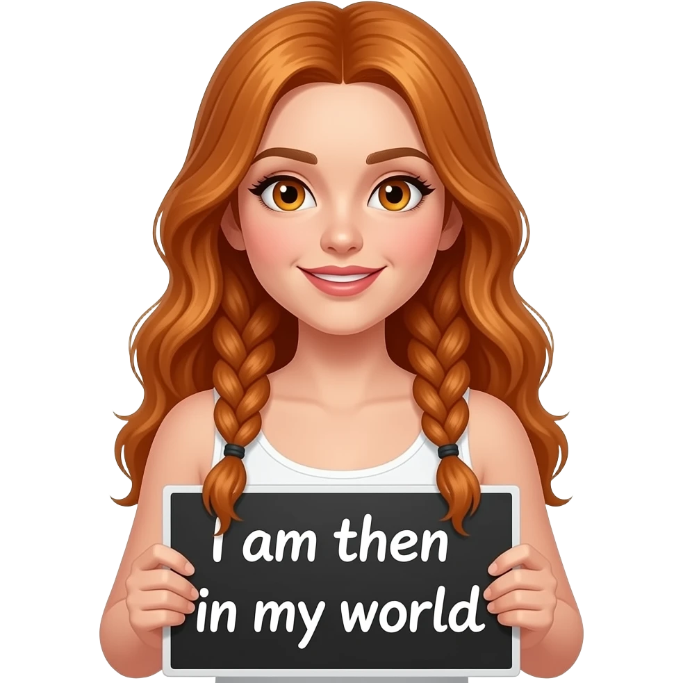 sexy girl with long ginger braids and ginger eyes wearing a white tanktop is holding a black sign with ICH BIN DANN MAL IN MEINER WELT written on it emoji