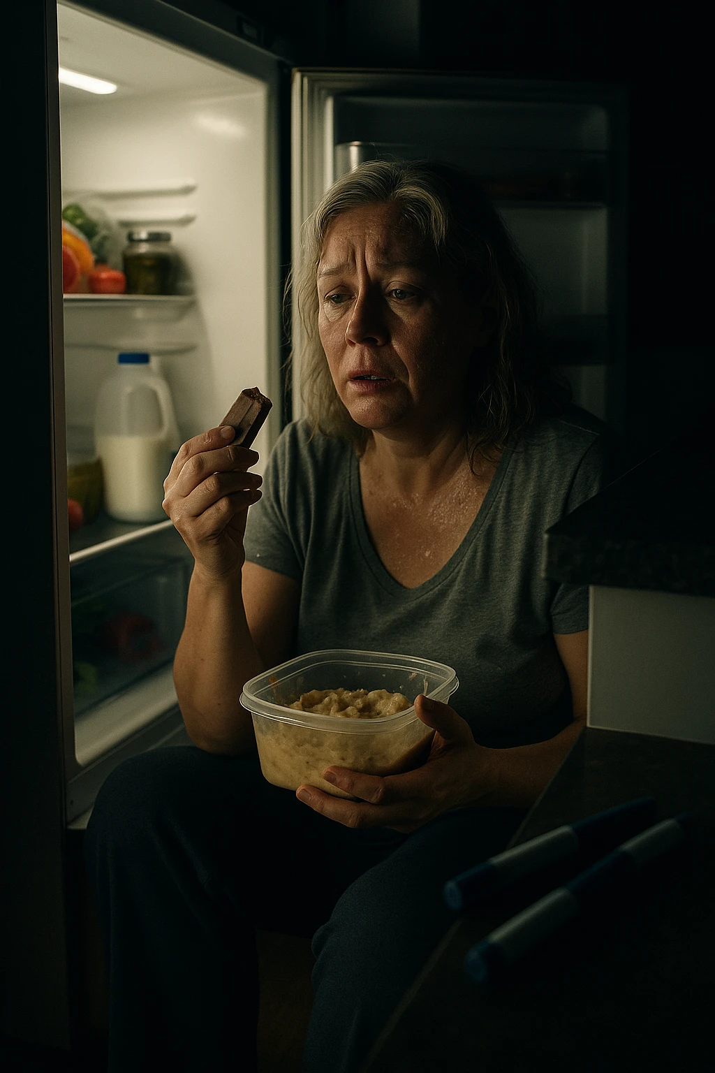 Menopausal woman binge-eating at 2AM after night sweat, fridge light illuminating insulin pens emoji