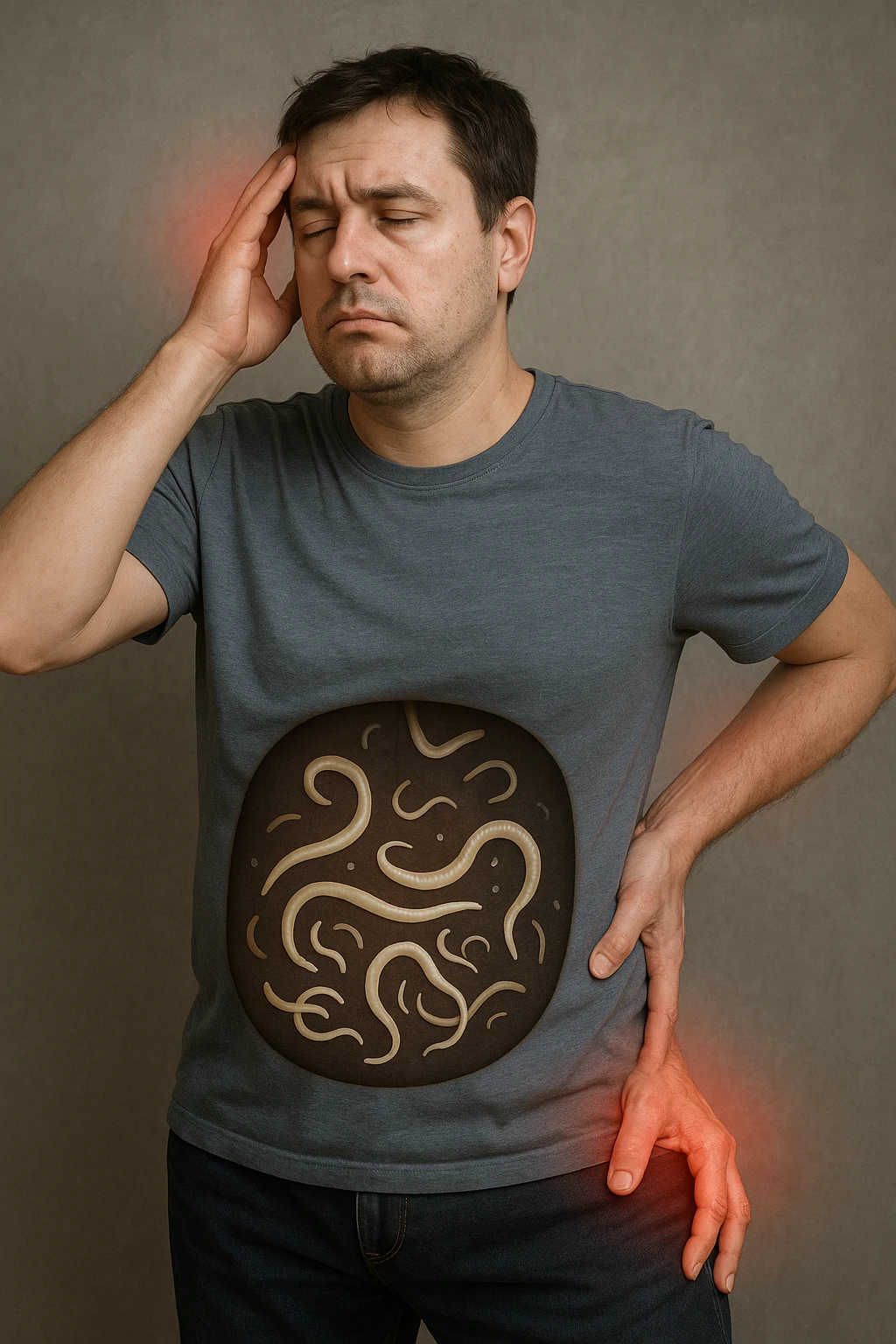 uomo che ignora i suoi un mal di testa, mal di schiena e dolore articolare e ignora ogni segnale e messaggio che il corpo manda per avvertirlo, ma alla fine dipendono tutto dai parassiti intestinali realistica emoji