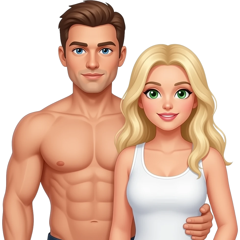 A naked average white male build with blue eyes and brown hair holding a heavy set white woman with blond hair and green eyes emoji