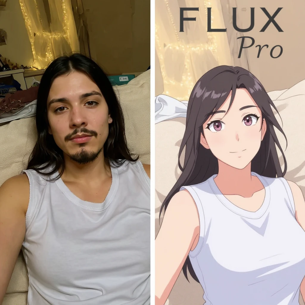 create before after image of a girl before is realsitic photo, after is anime version of her in same pose and clothes, add logo with text of a "FLUX Kontext Pro" emoji