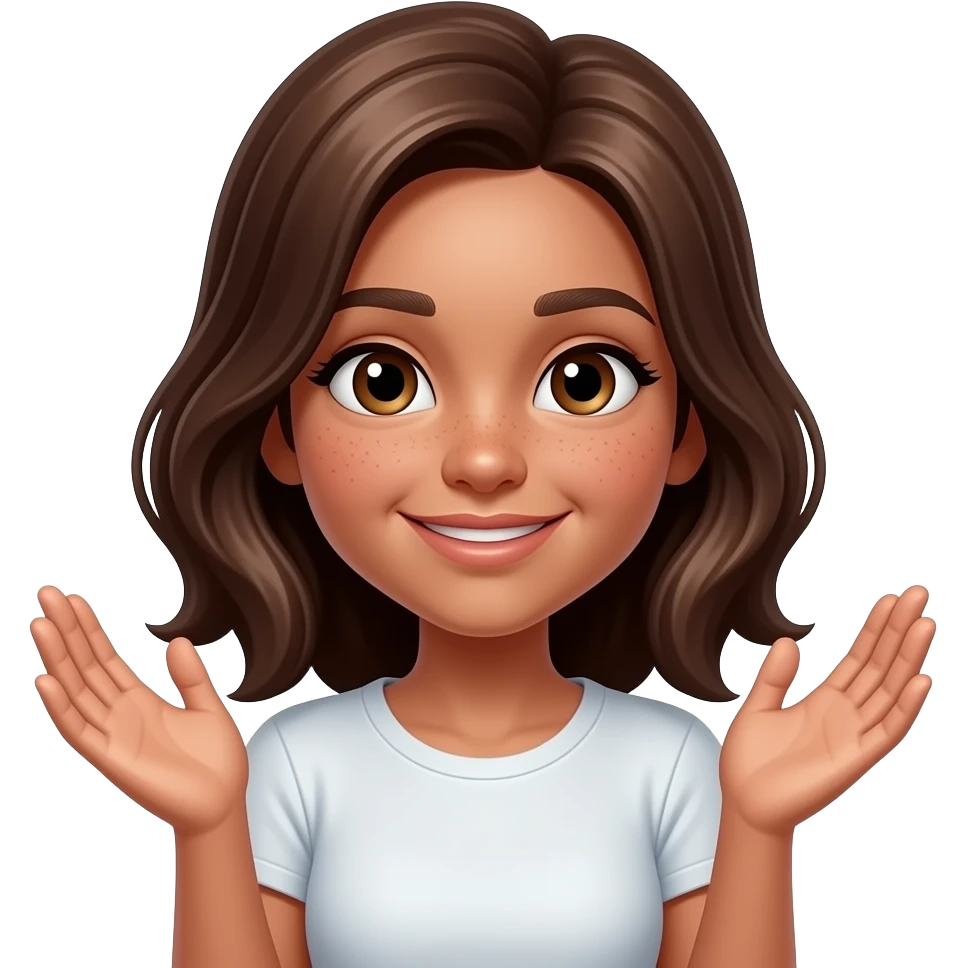 Make it girl with light skin but brown hair having her hands up and face expression being a flirtatious relax emoji