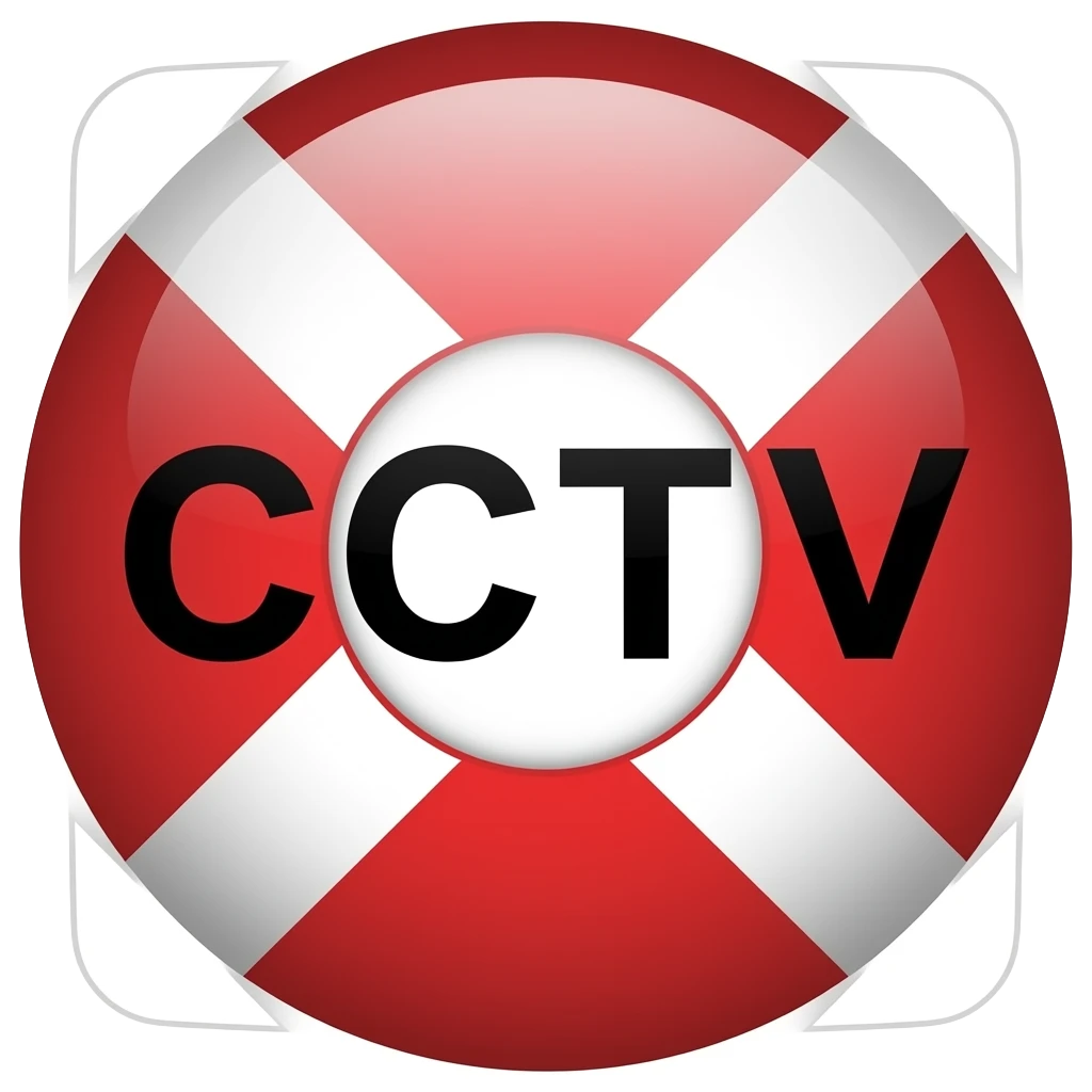 Red filled circle with white X and arrow on all end points on the X white circle in the middle. Big bold CCTV word in the centre in black emoji