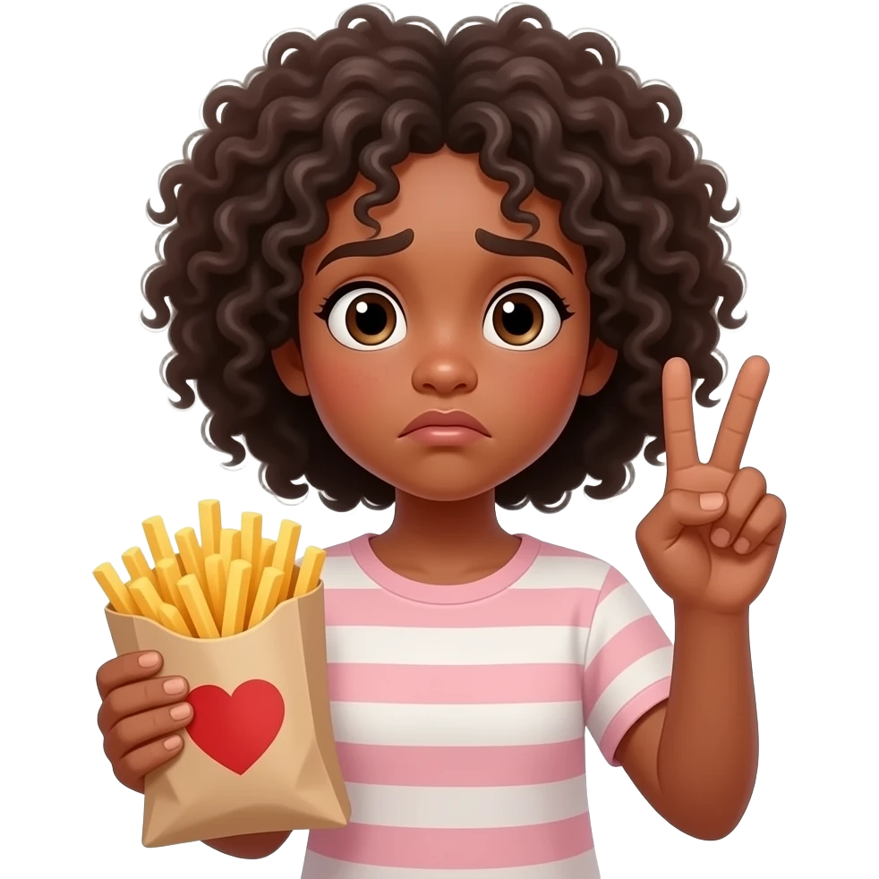 Black apple emoji teen with Afro confused  while holding fries jn the bag , holding up peace sign emoji