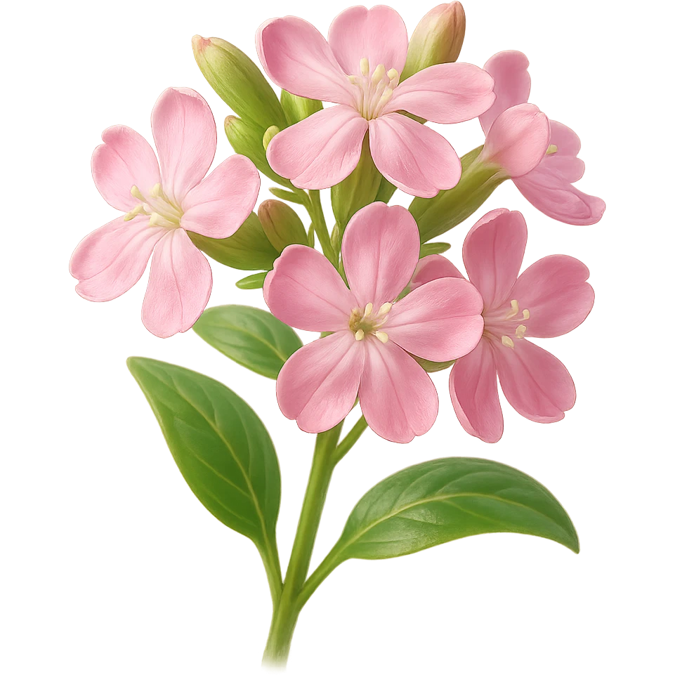 Create a 3D iOS-style square image of realistic soapwort (Saponaria) flowers with delicate pink petals, green stems and leaves. Use soft lighting and a glossy effect. The image should have no background and maintain 1:1 proportions. Style should be in GPT Image style as requested. emoji