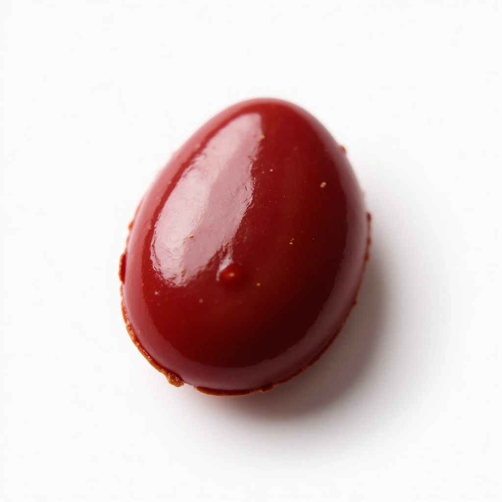 realistic single candied almond with a shiny dark red candy shell, isolated, no background emoji