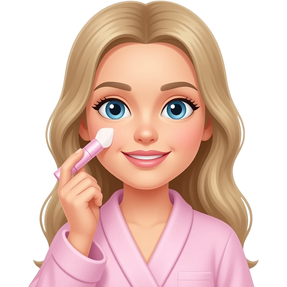 White girl with skincare, wearing a light pink robe, iPhone emoji style emoji