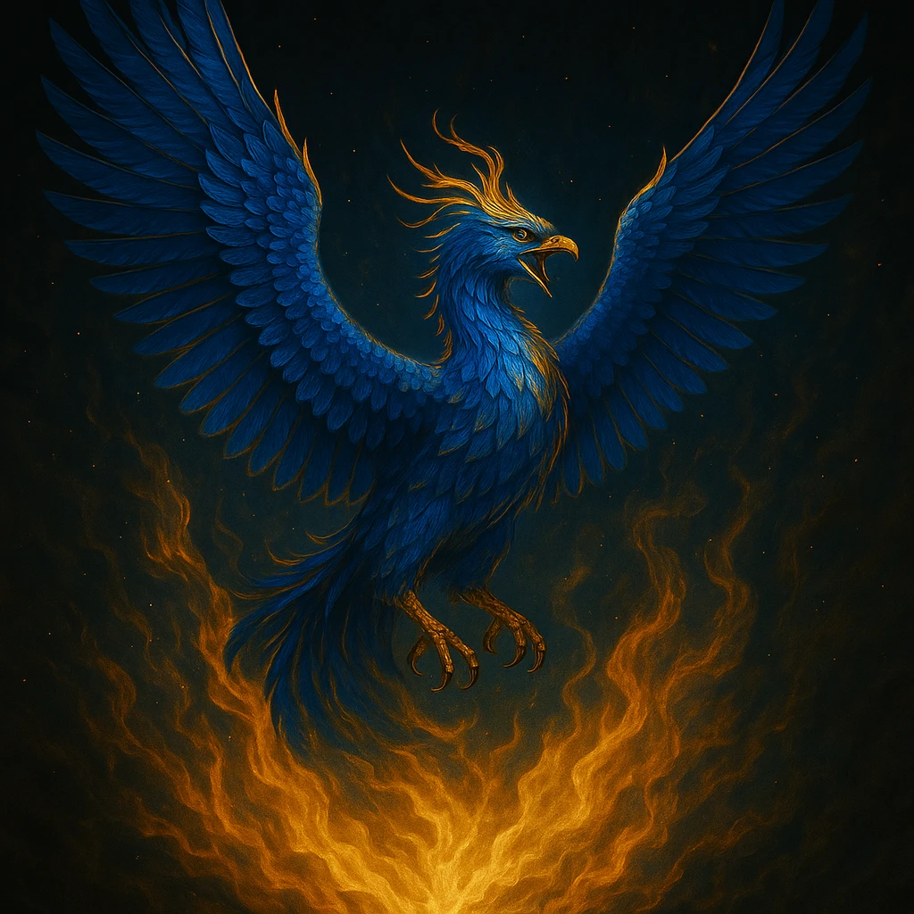 Change the fierce phoenix to blue and gold colors, keep the dramatic lighting, detailed plumage, rising from flames. emoji