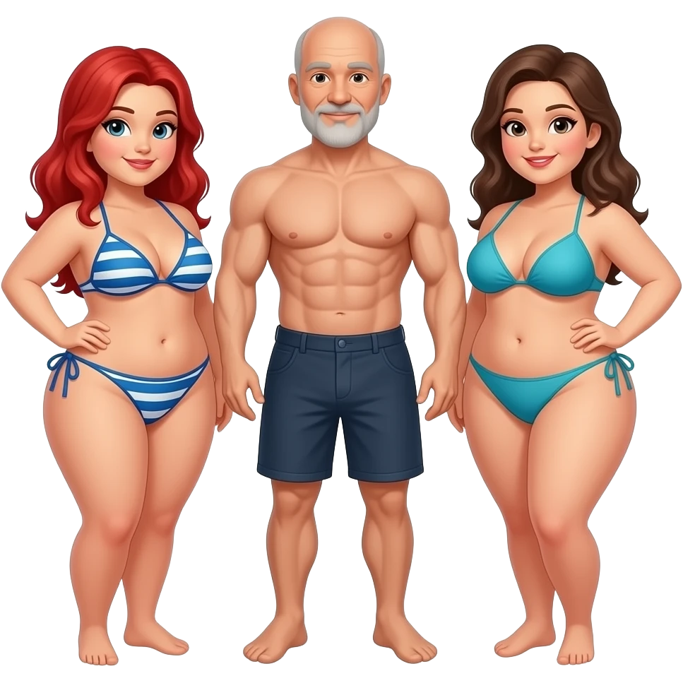 Handsome, bald,  muscular man with goatee, age 57,  standing between  2 very full figured women in bikinis, redhead and brunette with larger breasts emoji