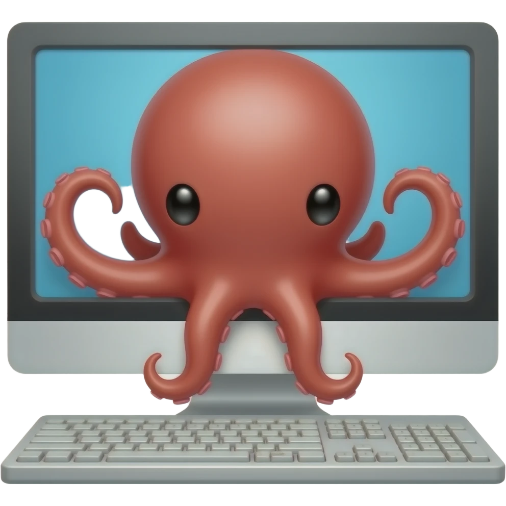 octopus behind a computer emoji
