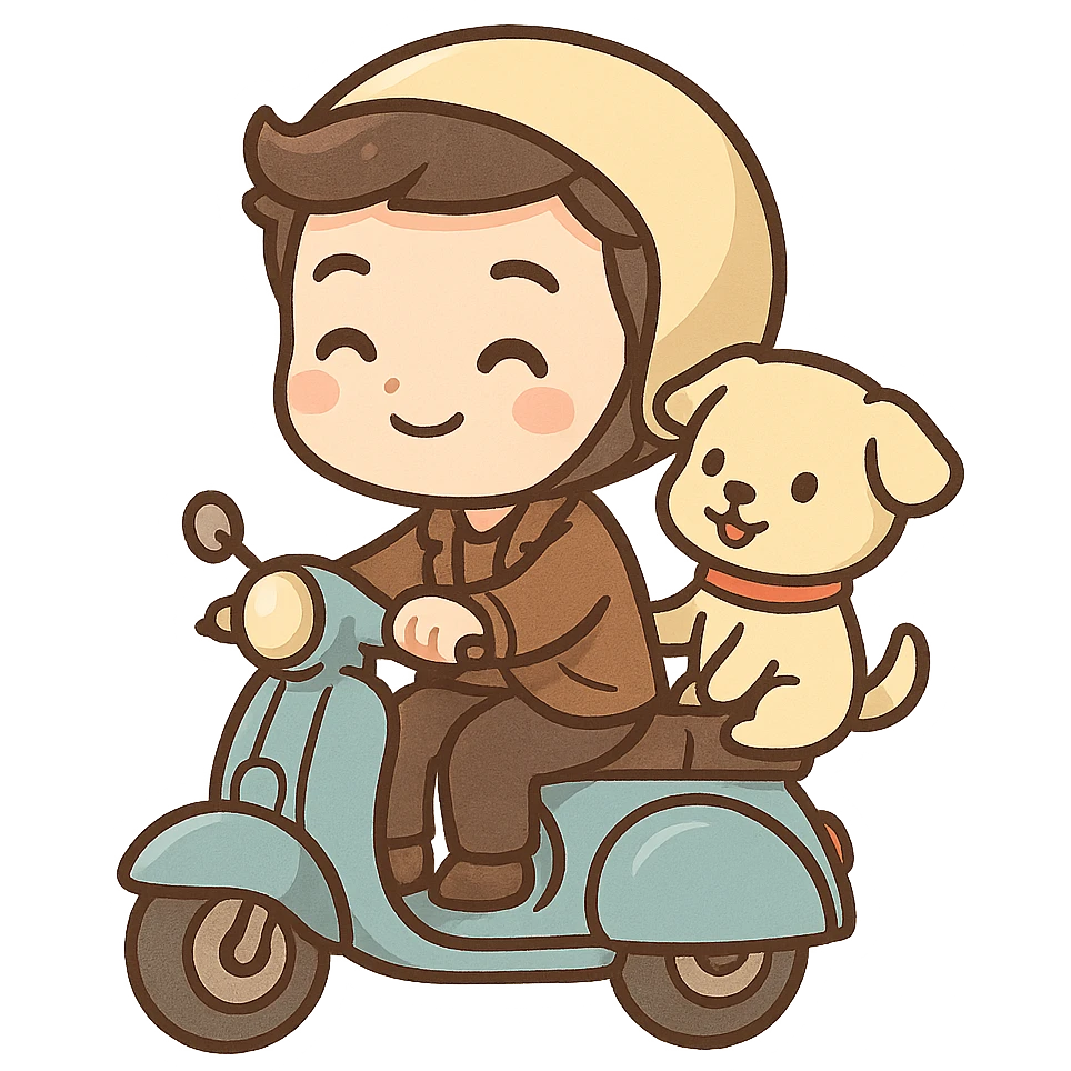 man and his pet dog riding a vespa emoji