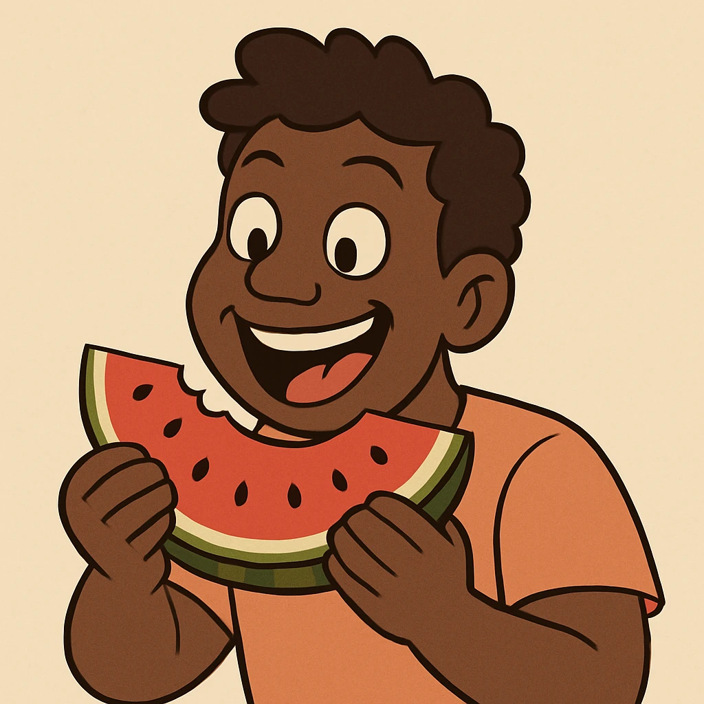 a Black person eating a slice of watermelon, friendly and joyful, respectful and positive, cartoon style emoji