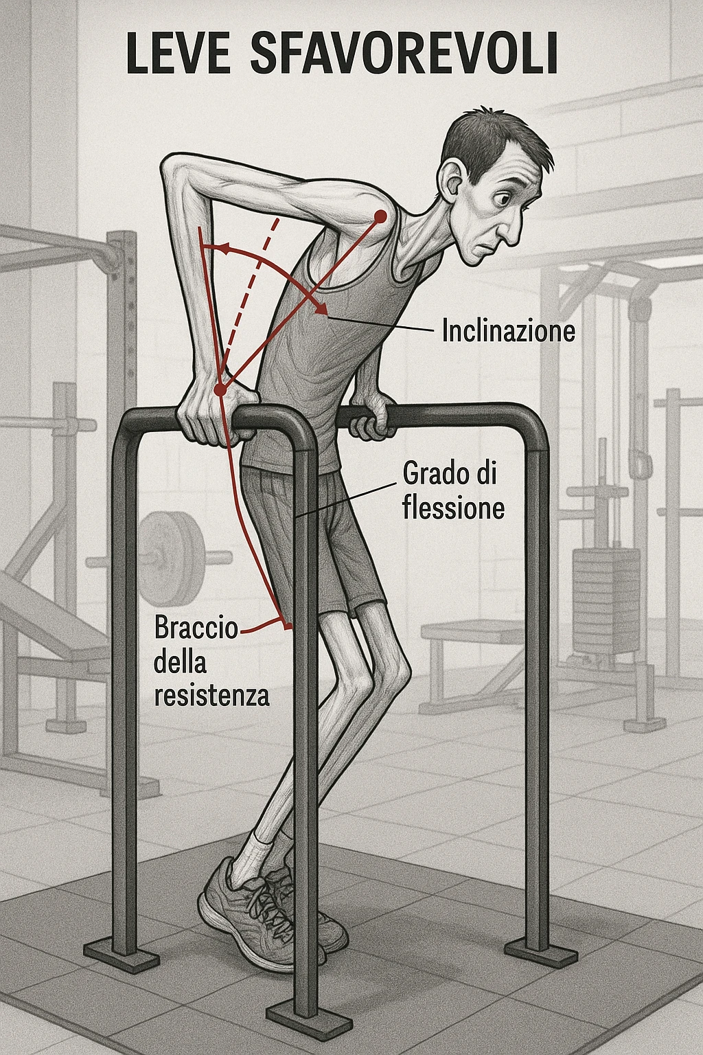 a tall, lean man with very long arms and a short torso attempts a dip on parallel bars. His elbows are deeply bent and his body appears awkwardly positioned, highlighting the mechanical disadvantage. An overlay shows anatomical lines and angles, with labels explaining “Leve Sfavorevoli” The background is a modern gym, with a focus on biomechanics. emoji