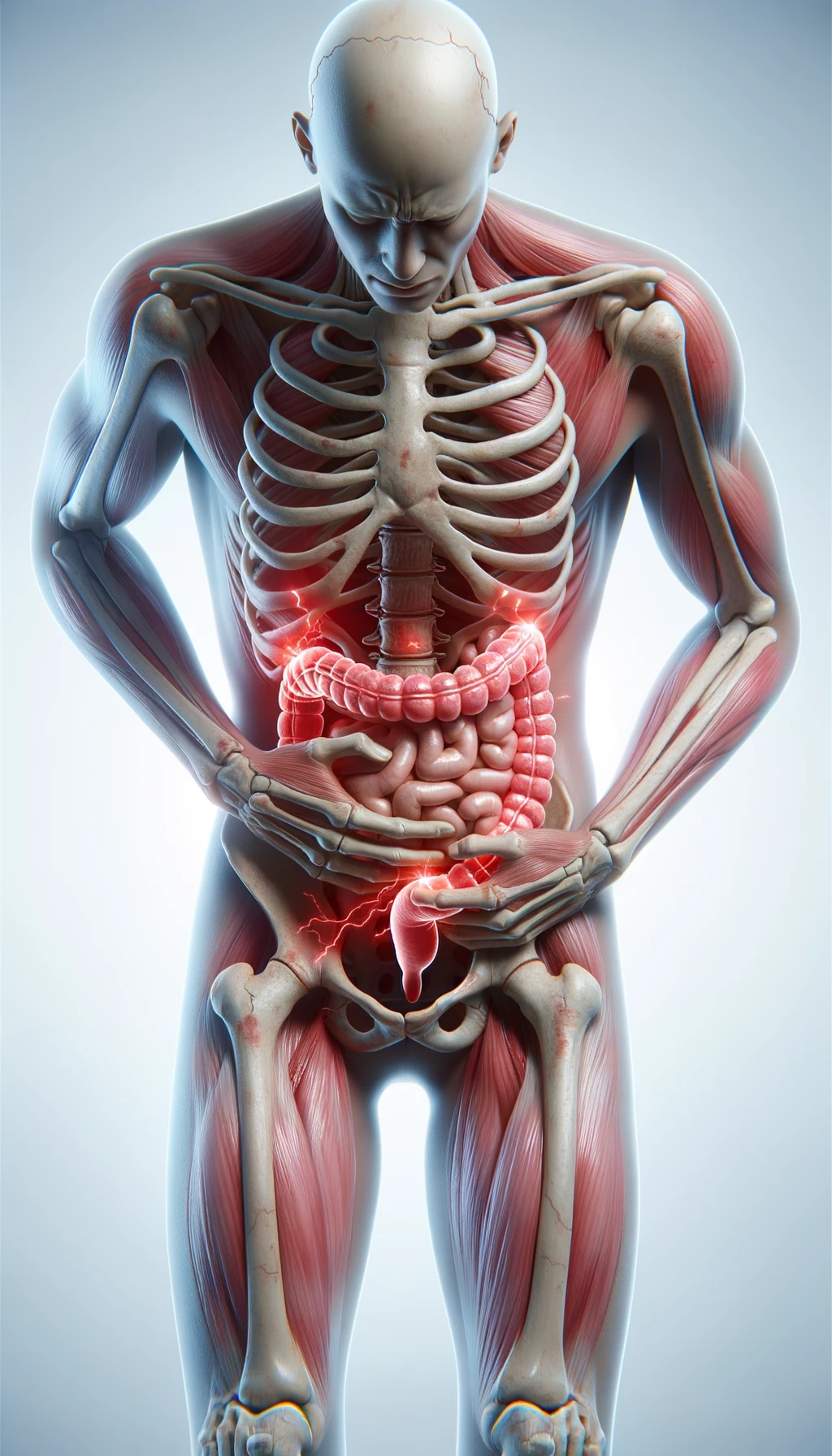 dolore all'intestino umano anatomico realistico, sfondo chiaro emoji