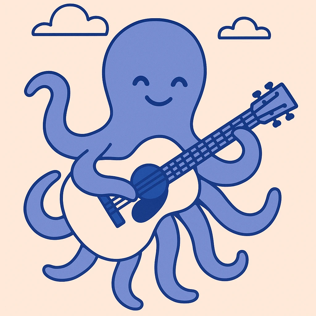 happy octopus with multiple arms playing guitar emoji