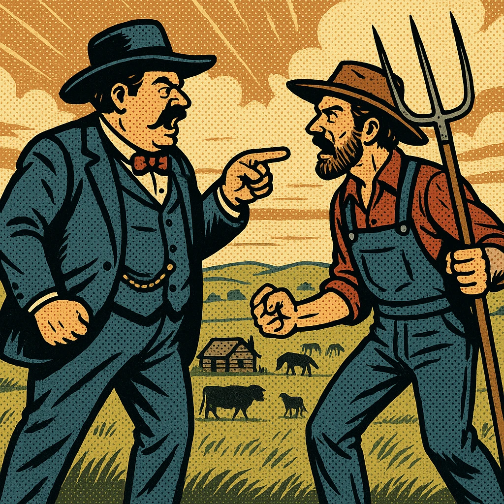 The full body of a wealthy cattle baron from the 1870s American West in an argument facing a homestead settler holding his pitch fork.  In the background is the Great Plains with cattle and horses emoji