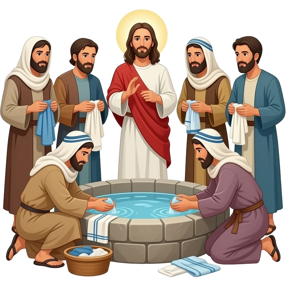 Jesus by a well like pool with Jewish people around washing clothes, talking and poor emoji