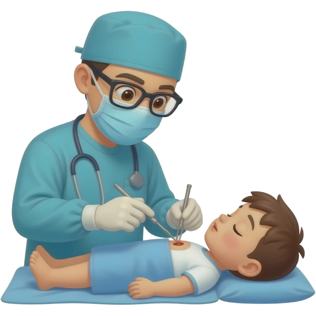 a surgeron practicing chirurgie on a kid who has an anesthesia emoji