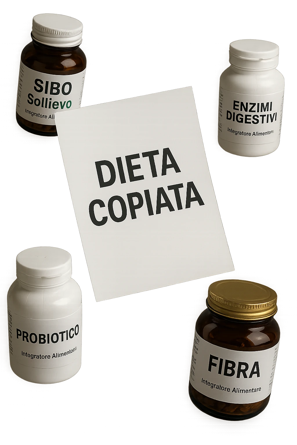 FOGLIO DI CARTA FLUTTUA IN ARIA CON LA SCRITTA "DIETA COPIATA", INSIEME A BARATTOLI DI INTEGRATORI PER CURARE IL SIBO IN ITALIANO, IPERREALISTICO 4K, NON DISEGNATO emoji