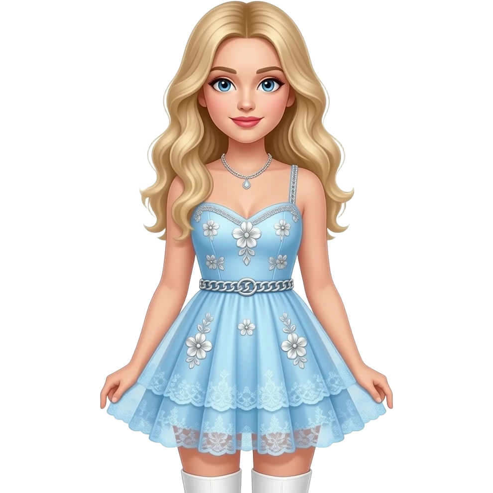 Sabrina carpenter blonde hair wearing baby blue mini dress that has silver floral embellishments with sparkling chain-link belt at the waist. Skirt has a pleated chiffon overlay that opens up to layers of light blue floral lace. She is wearing white knee high boots emoji