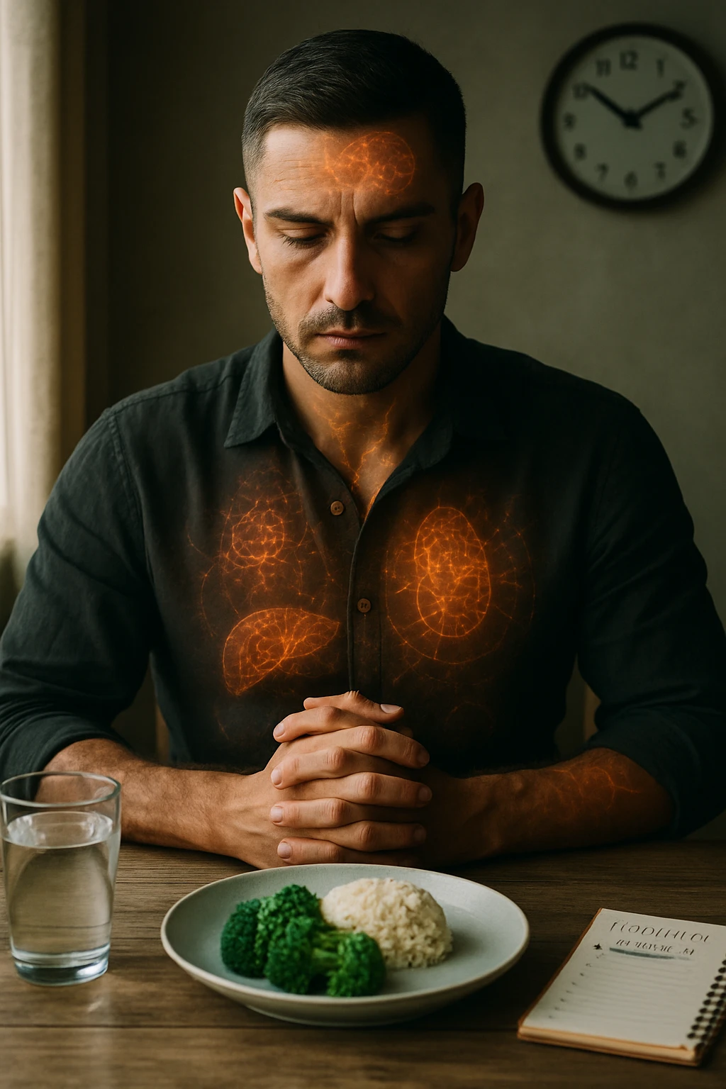 A cinematic close-up of a focused man in his mid-30s with slight beard and tired but determined eyes, sitting alone at a simple wooden table with an untouched plate of food in front of him. His hands are clasped, fingers interlocked in a meditative position over his lower abdomen, symbolizing willpower and internal balance. He wears a lightweight natural fiber shirt, sleeves rolled up. The lighting is soft and natural, early morning light coming from a nearby window. Around him, visual cues of cellular regeneration — faint glowing patterns subtly overlaying his body, especially near the liver, gut, and brain, suggesting autophagy and deep healing. The room is minimalist: a glass of water, a notebook with fasting hours, and a clock in the background ticking calmly. The tone is serene, intentional, and deeply introspective. Shot in 35mm cinematic style, warm highlights and clean shadows. emoji