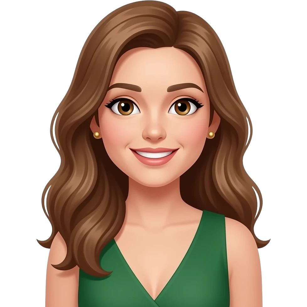 beauty, woman, gold stud earrings, brown eyes, green v dress, smiling, light brown hair, hairstyle emoji