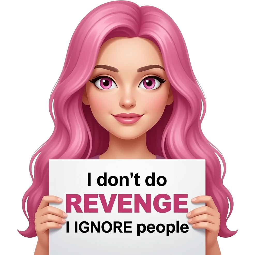 sexy girl with long pink hair and pink eyes holding a I don't do REVENGE I IGNORE people sign emoji