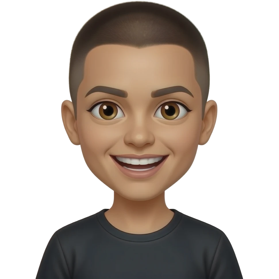 Mexican girl with a buzzcut light brown eyes and a creepy wide smile and also a black shirt emoji