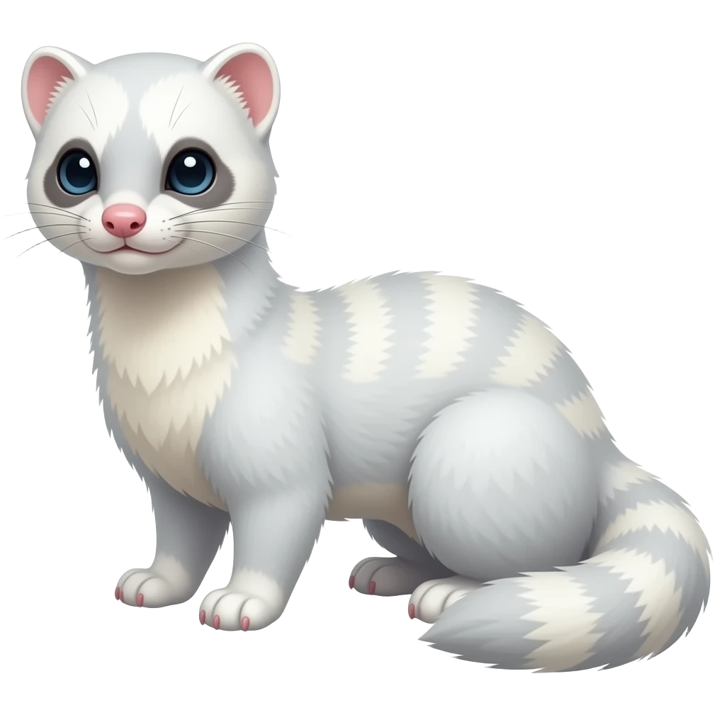 White iridescent genet-Fossa-civet-Feli-mustelid-creature-hybrid, full body emoji
